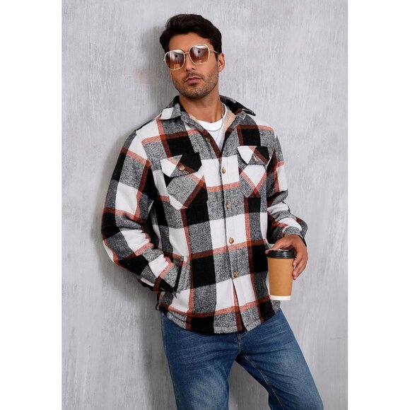 Mens CottonOrangeWhite Sherpa Lined Button Down Flannel Shirt Jacket Plaid Soft. - Picture 5 of 8